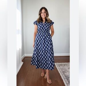 J Crew blue leaf print midi dress size 10P new